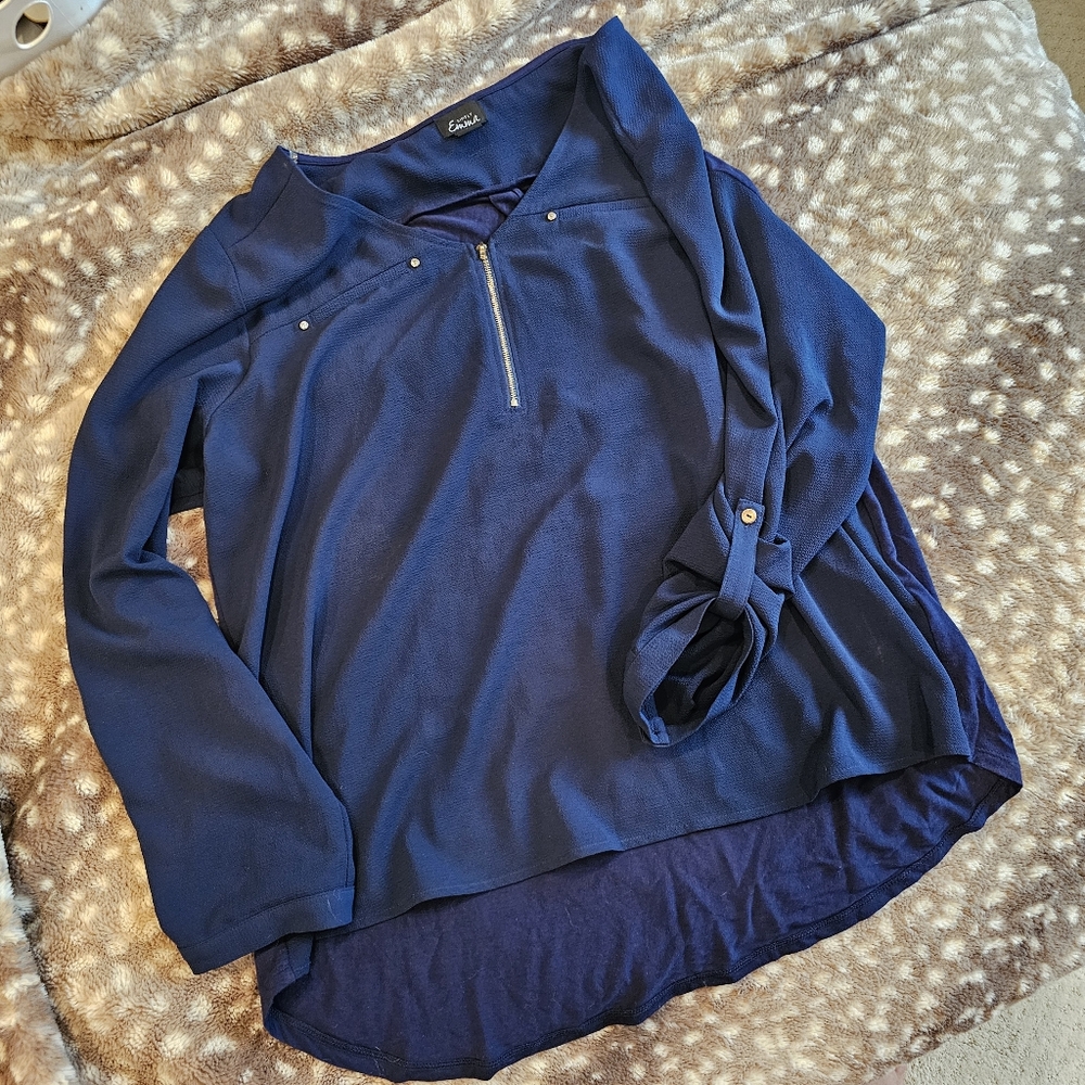 Simply Emma Blouse, Navy Blue, Gold, Adjustable sleeve, Women's 2X, XXL, Plus